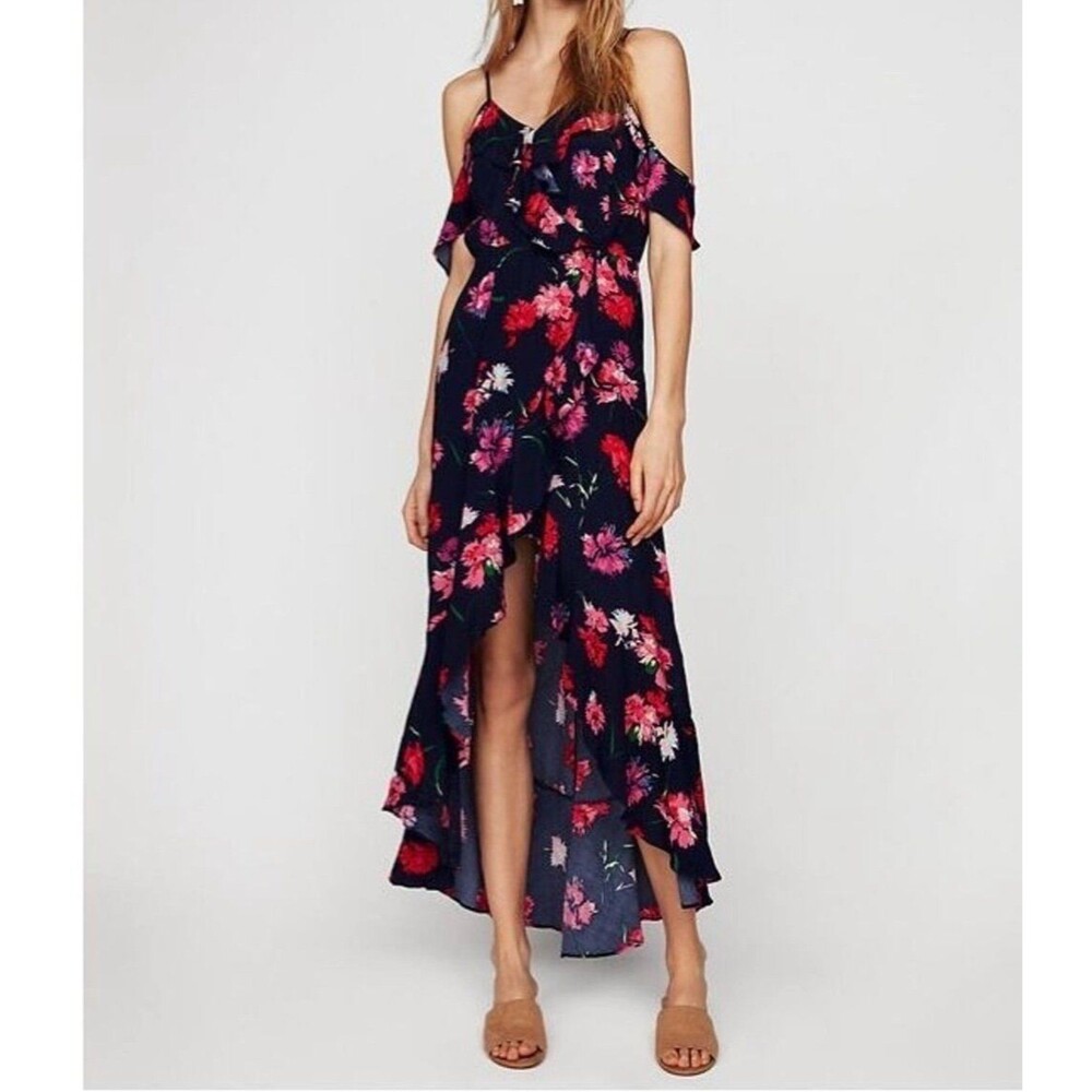 Women's Floral Print Cold Shoulder High Low Maxi Dress Ruffle Boho Small